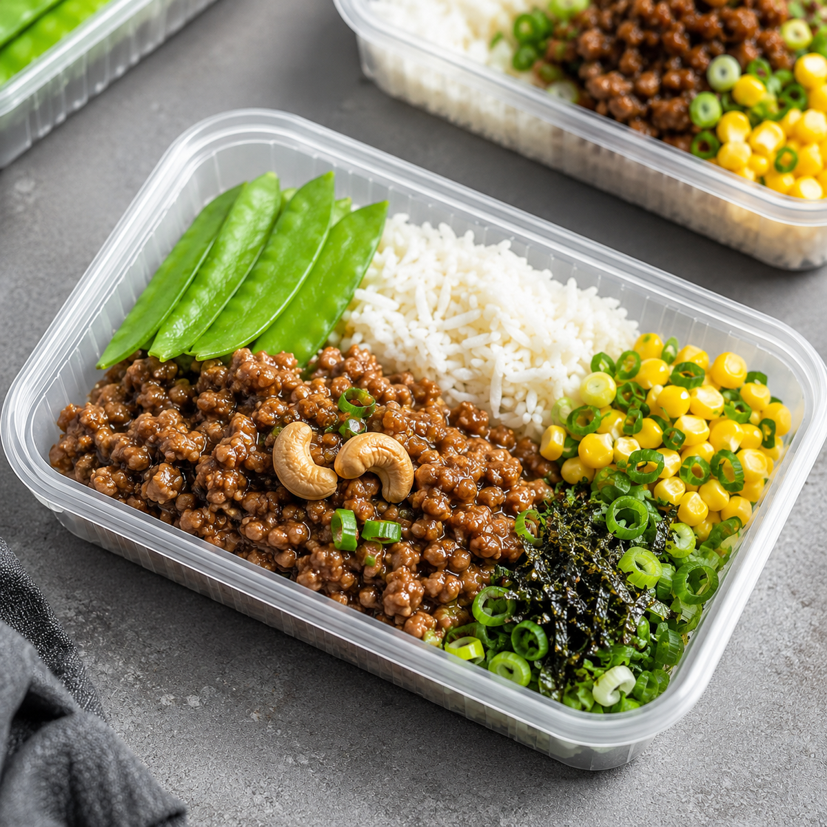 A clear plastic meal prep container filled with a brown meat sauce rice bowl, topped with snow peas, cashews, green onions, and seaweed, shown on a gray surface with another container blurred in the background.