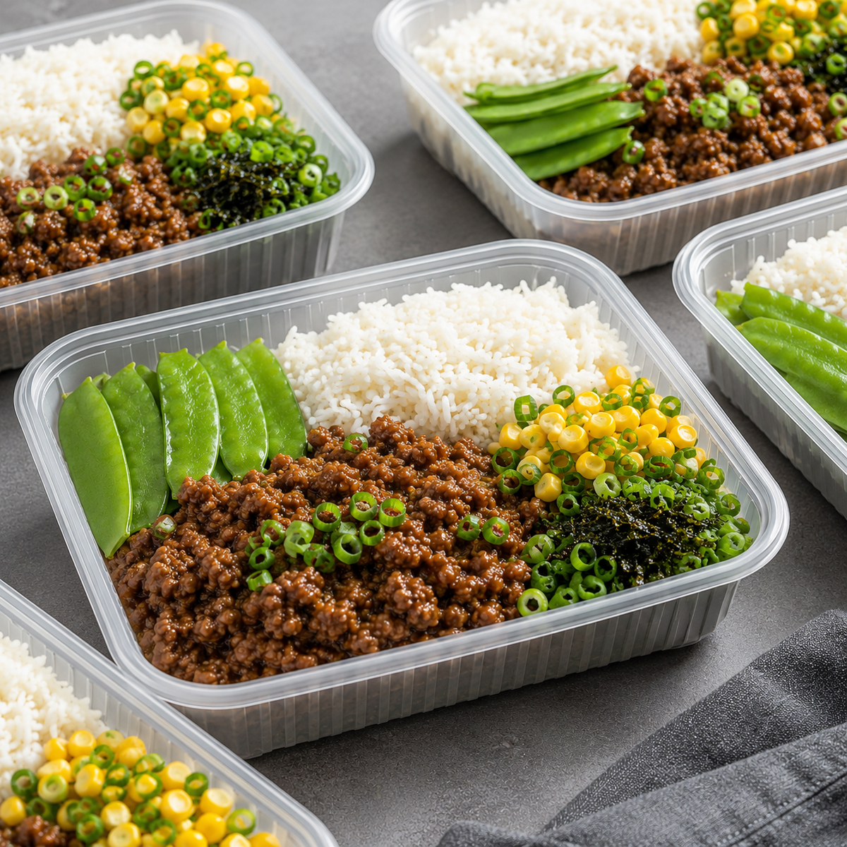 A clear plastic meal prep container filled with a brown meat sauce rice bowl, topped with snow peas, cashews, green onions, and seaweed, shown on a gray surface with another container blurred in the background.