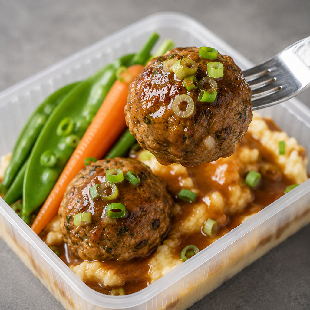 A close-up of a prepared meal in a clear plastic container, featuring two browned meatballs topped with chopped green onions and a glossy brown sauce, served over mashed potatoes with green peas and a carrot. A fork lifts one meatball above the container.