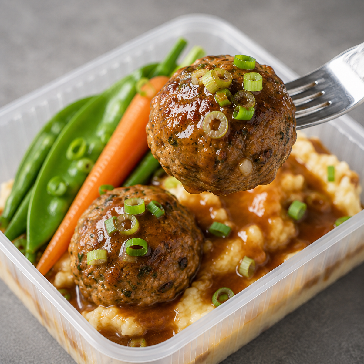A close-up of a prepared meal in a clear plastic container, featuring two browned meatballs topped with chopped green onions and a glossy brown sauce, served over mashed potatoes with green peas and a carrot. A fork lifts one meatball above the container.