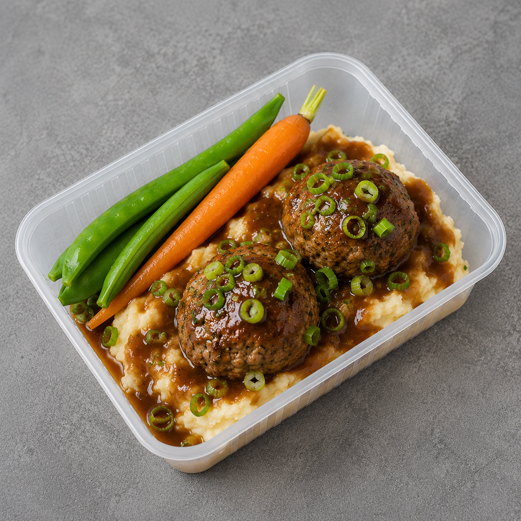 A clear plastic container holding a prepared meal with two brown meatballs on mashed potatoes, topped with green onion, served with a carrot and green beans on a gray textured background.