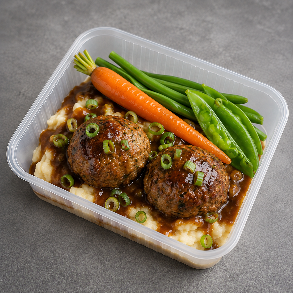 A clear plastic meal prep container holding two browned meatballs on mashed potatoes with brown gravy, garnished with chopped green onions, alongside a whole carrot and green beans, set on a gray surface.
