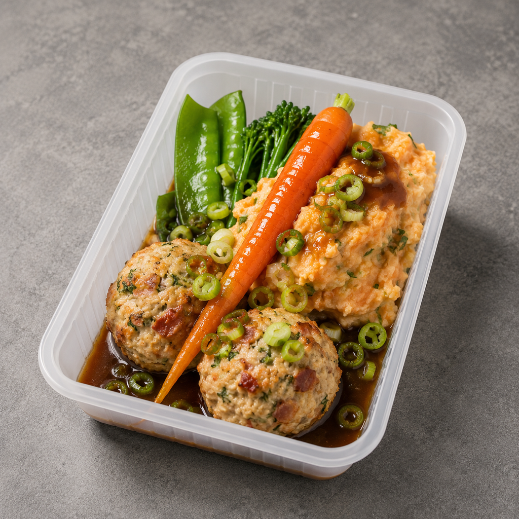 A clear plastic container holding a prepared meal with two meatballs in brown sauce, mashed potatoes topped with sliced green onions, a whole carrot, snap peas, and broccoli on a gray surface.