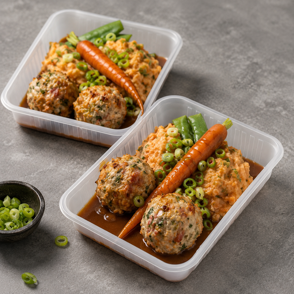 Two clear plastic meal prep containers filled with cooked meatballs, mashed potatoes, green beans, and carrots on a gray stone surface, with a small bowl of chopped green onions nearby.