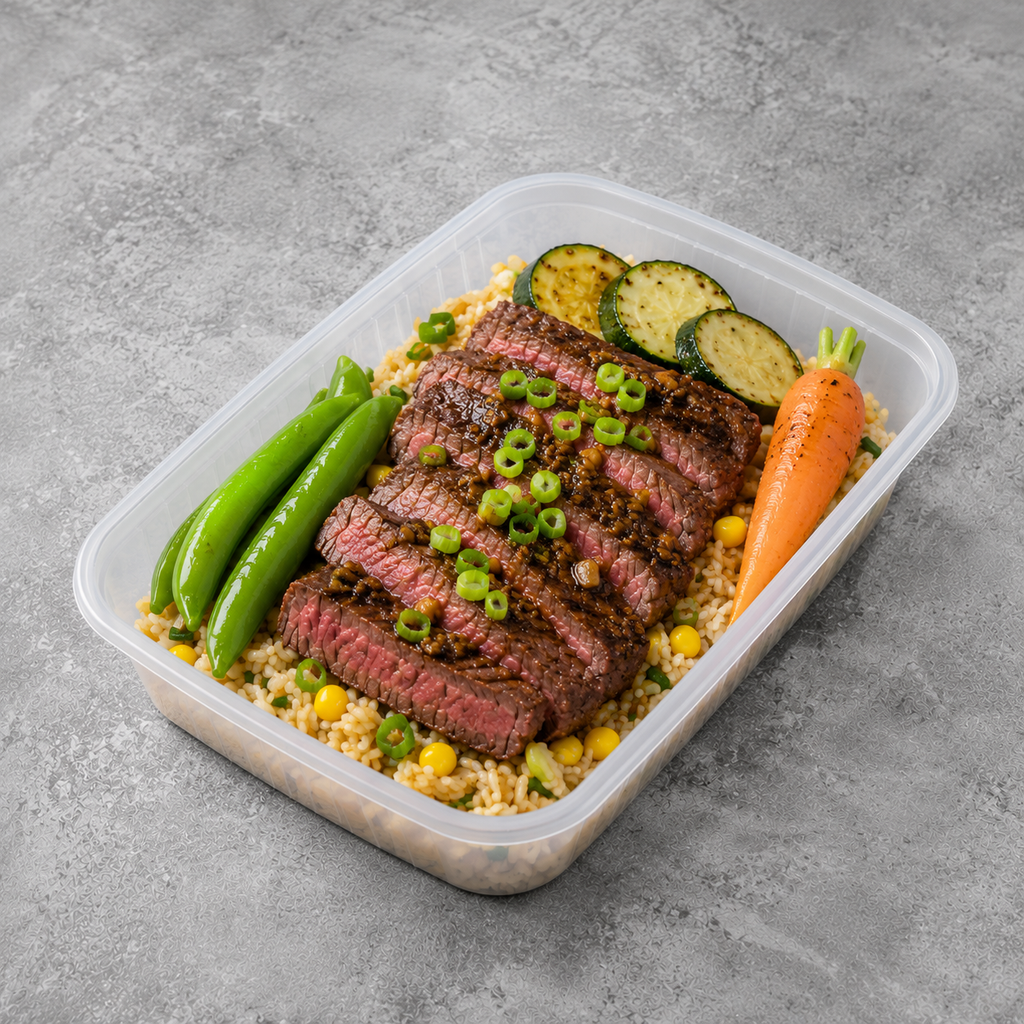 A clear plastic meal prep container filled with sliced grilled beef on couscous, garnished with chopped green onions, served with snap peas, zucchini slices, and a carrot on a gray stone-textured background.