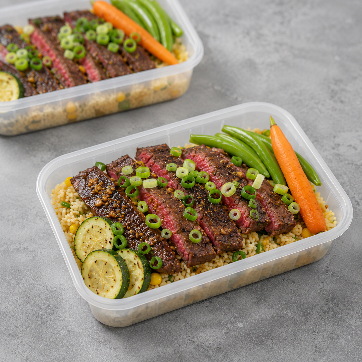Two clear plastic meal prep containers filled with sliced steak over couscous, topped with chopped green onions, green beans, zucchini, and carrots, arranged on a gray surface.