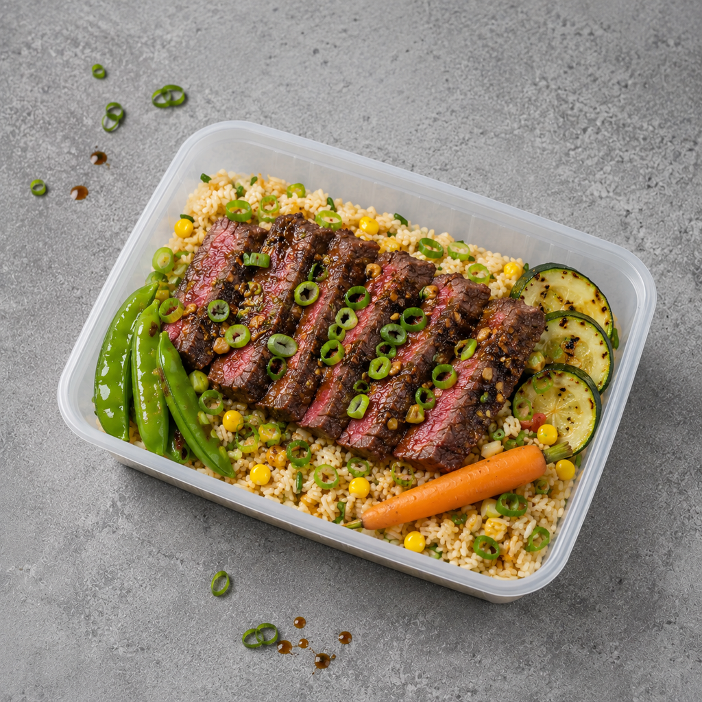 A clear plastic meal prep container filled with sliced grilled steak over rice, garnished with green onion, alongside snap peas, zucchini, and a carrot, photographed on a gray textured surface.
