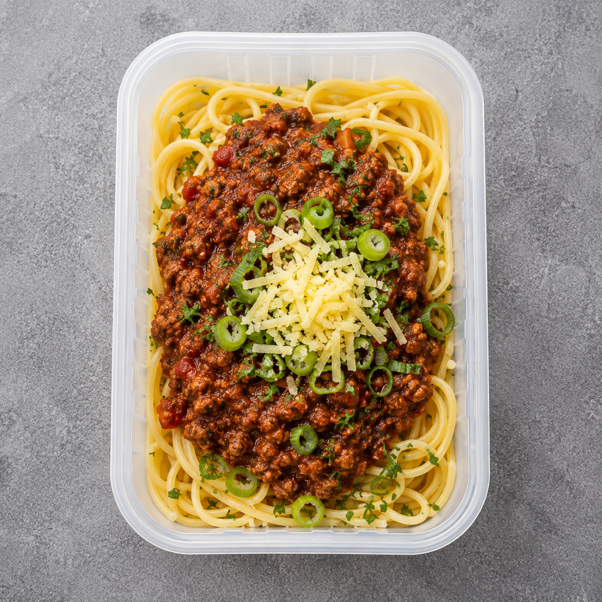 Overhead shot of a prepared pasta meal in a clear plastic container on a gray textured background. The spaghetti is topped with a rich meat sauce, shredded cheese, and sliced green onions.