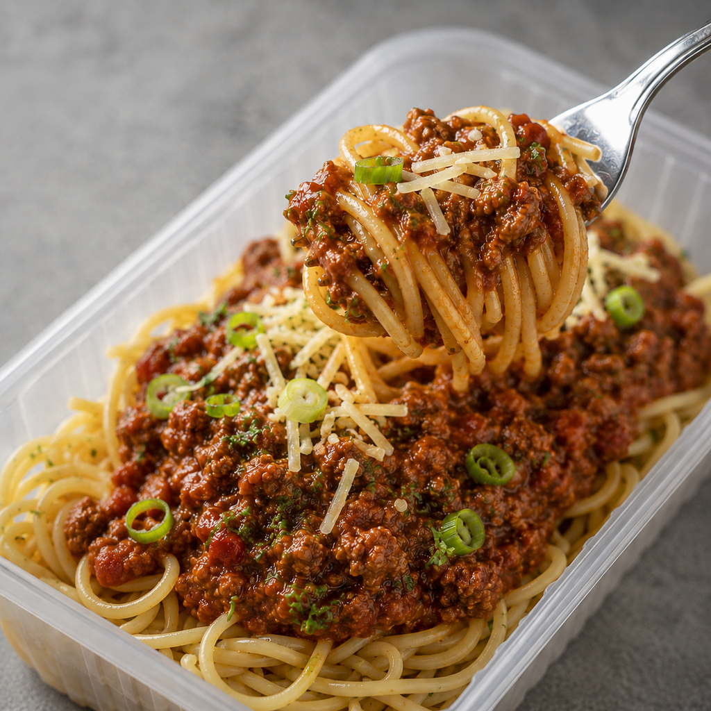 A close-up of spaghetti in a clear plastic container topped with a rich meat sauce, shredded cheese, and chopped green onions, with a fork lifting a portion of the pasta.
