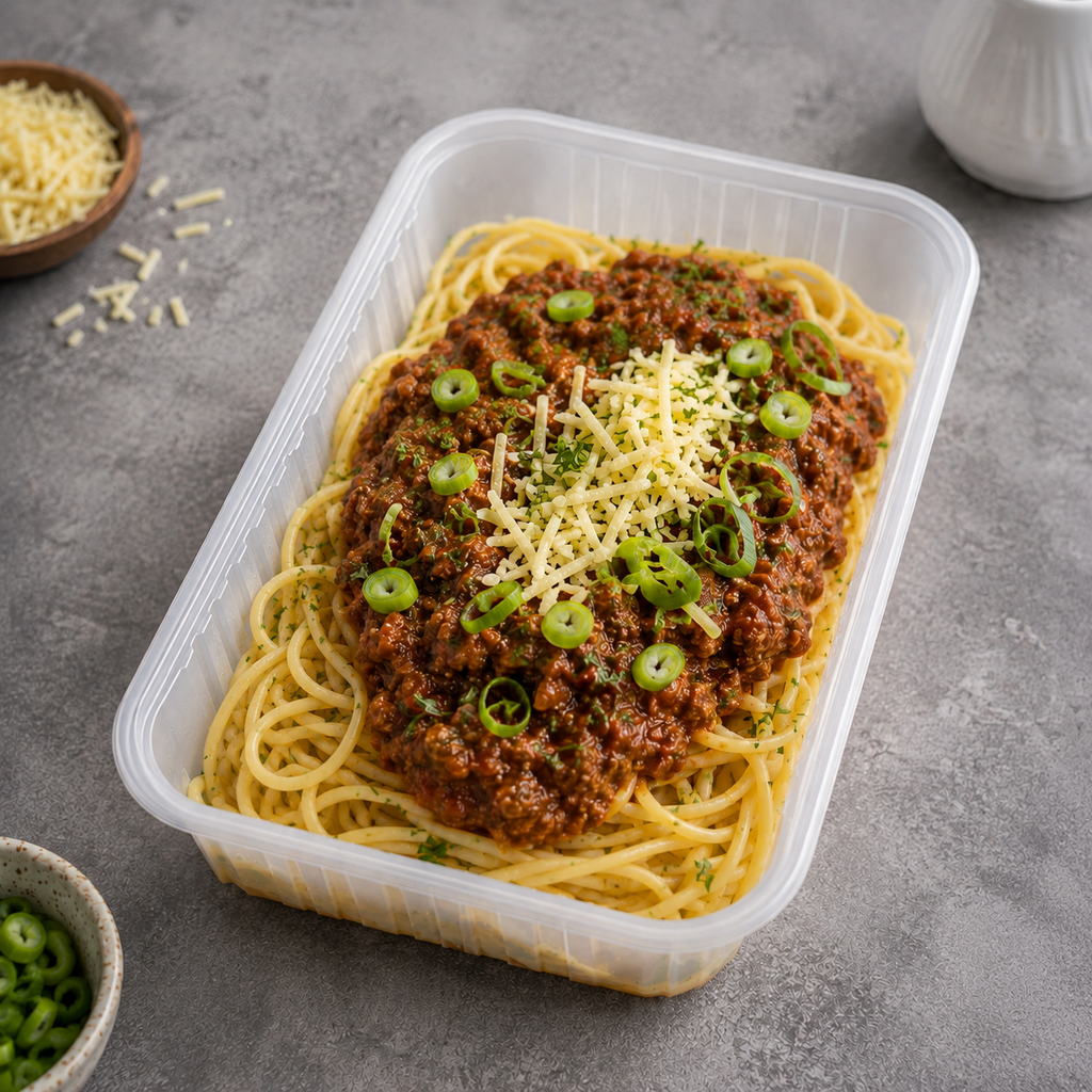 A clear plastic container of spaghetti bolognese, topped with shredded cheese and sliced green onions, set on a gray textured surface with small bowls of cheese and sliced scallions nearby.