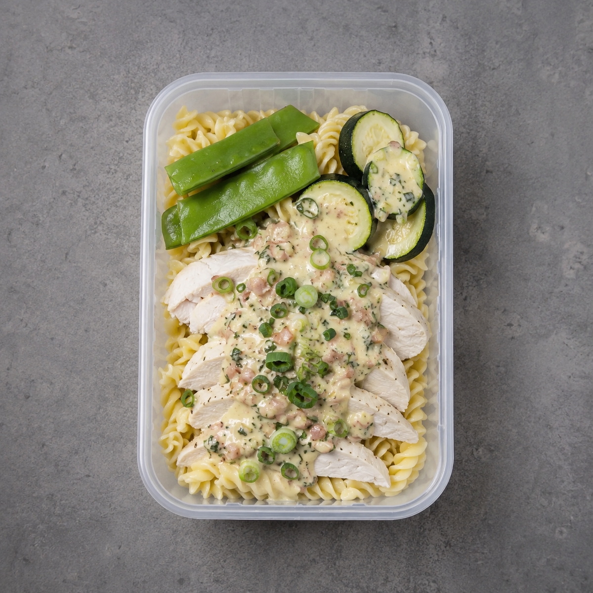 A clear plastic meal prep container filled with rotini pasta, sliced white chicken, a creamy green herb sauce, snap peas, and zucchini slices, photographed from above on a gray textured surface.