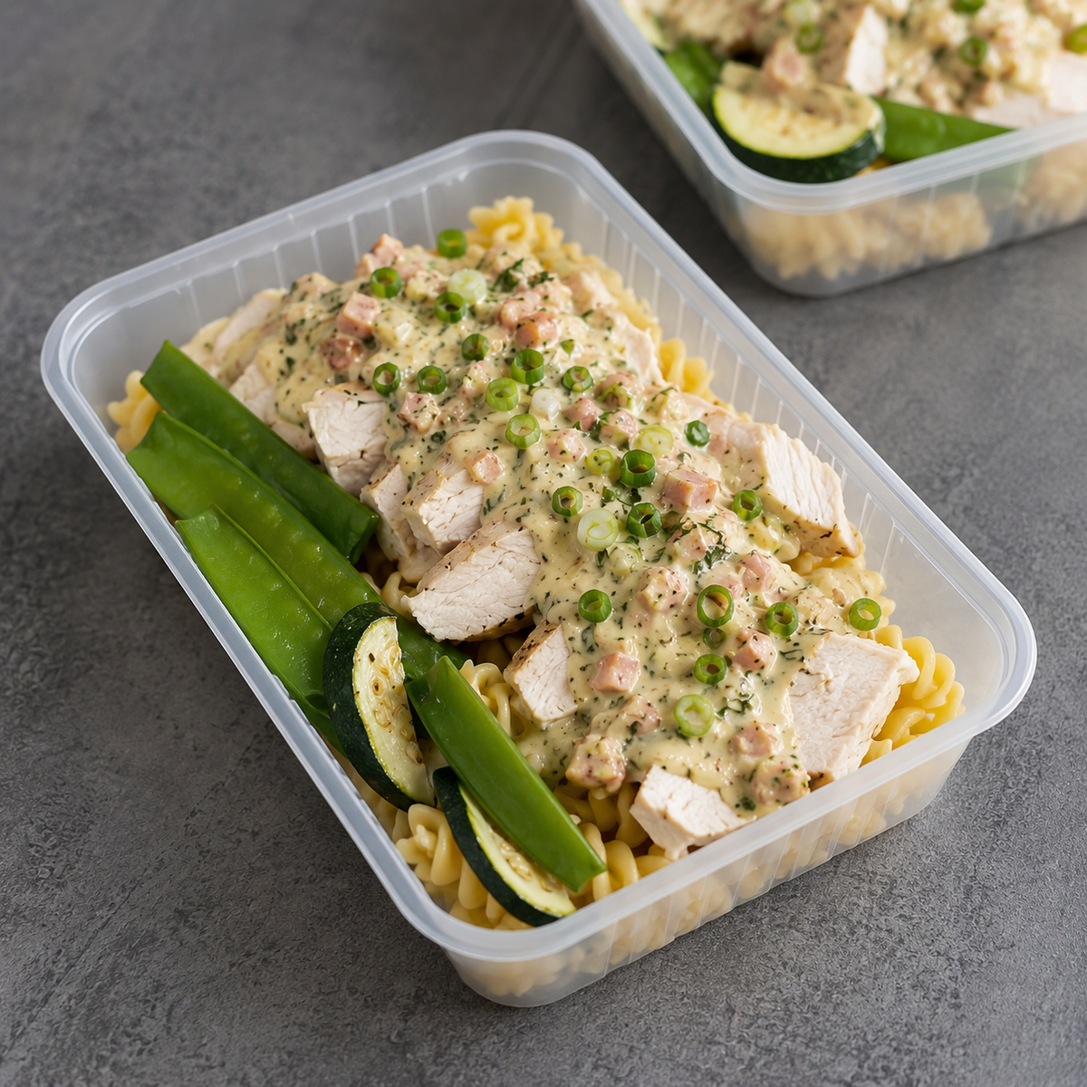 A clear plastic container holding a prepared meal of rotini pasta topped with sliced white chicken, a creamy yellow sauce, green onions, and herbs, with green beans and zucchini slices as sides, set on a gray surface.