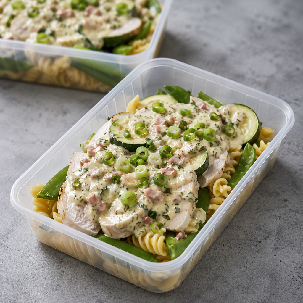 A clear plastic meal prep container filled with rotini pasta, green beans, sliced zucchini, and chicken topped with a creamy sauce, green onions, and herbs, set on a gray surface with another container blurred in the background.