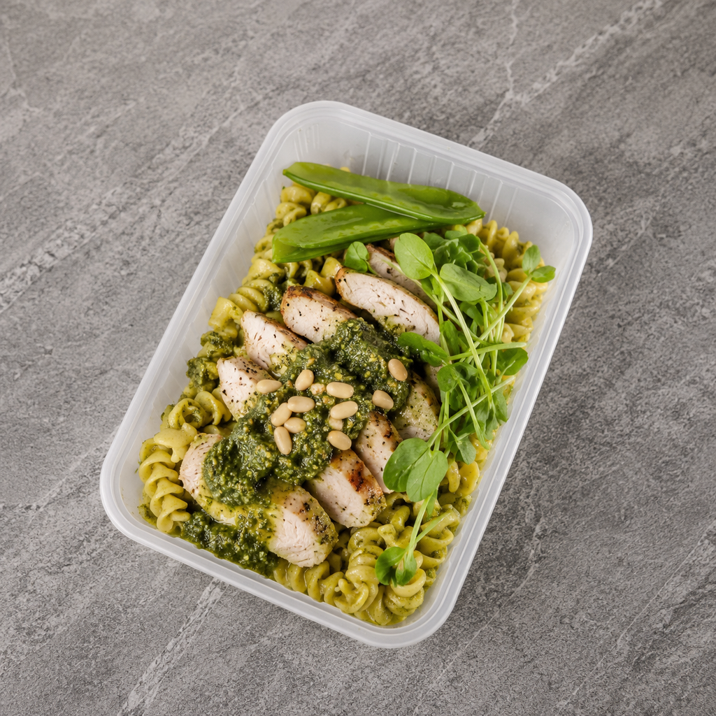 A clear plastic meal prep container filled with rotini pasta, grilled chicken breast, green pesto sauce, sliced almonds, and fresh green sprouts, photographed from above on a gray stone-textured surface.