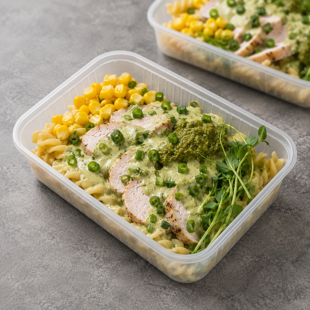 A clear plastic meal prep container filled with pasta, sliced chicken, yellow corn, green sauce, and herbs, photographed on a gray surface with another container blurred in the background.