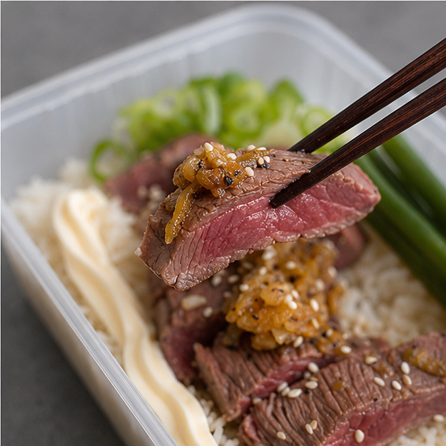 Close-up of a prepared beef rice bowl in a clear plastic container, with chopsticks lifting a slice of medium-rare beef topped with a glossy sauce and sesame seeds over white rice.