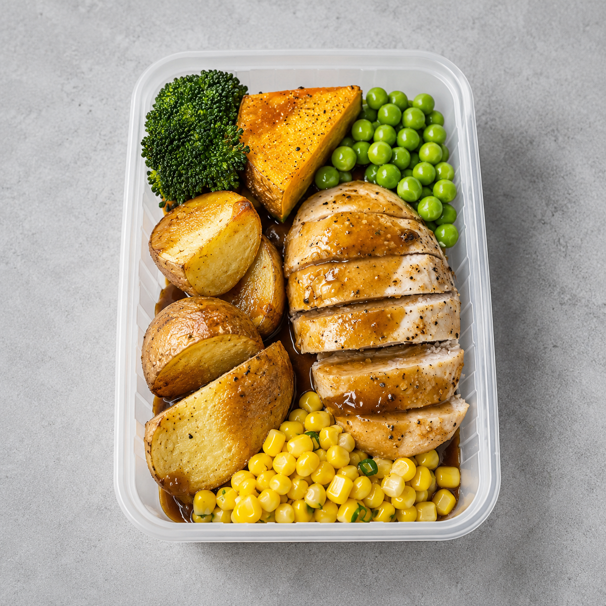 A clear plastic meal prep container filled with a sliced grilled chicken breast, roasted potatoes, broccoli, green peas, and corn on a light gray surface.