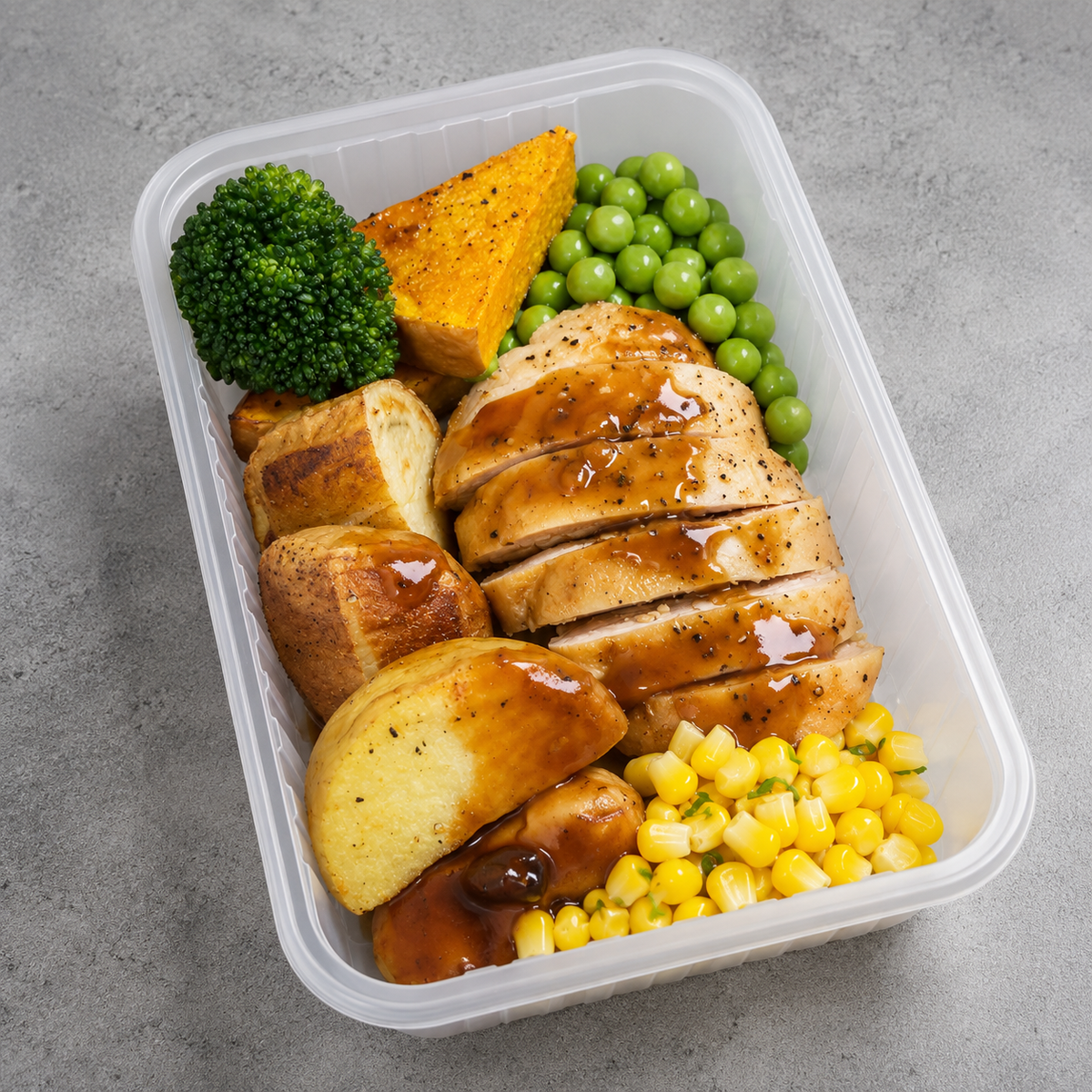 A clear plastic meal prep container filled with sliced grilled chicken topped with glossy sauce, broccoli, sweet potato, green peas, corn, and bread, photographed from above on a gray textured surface.