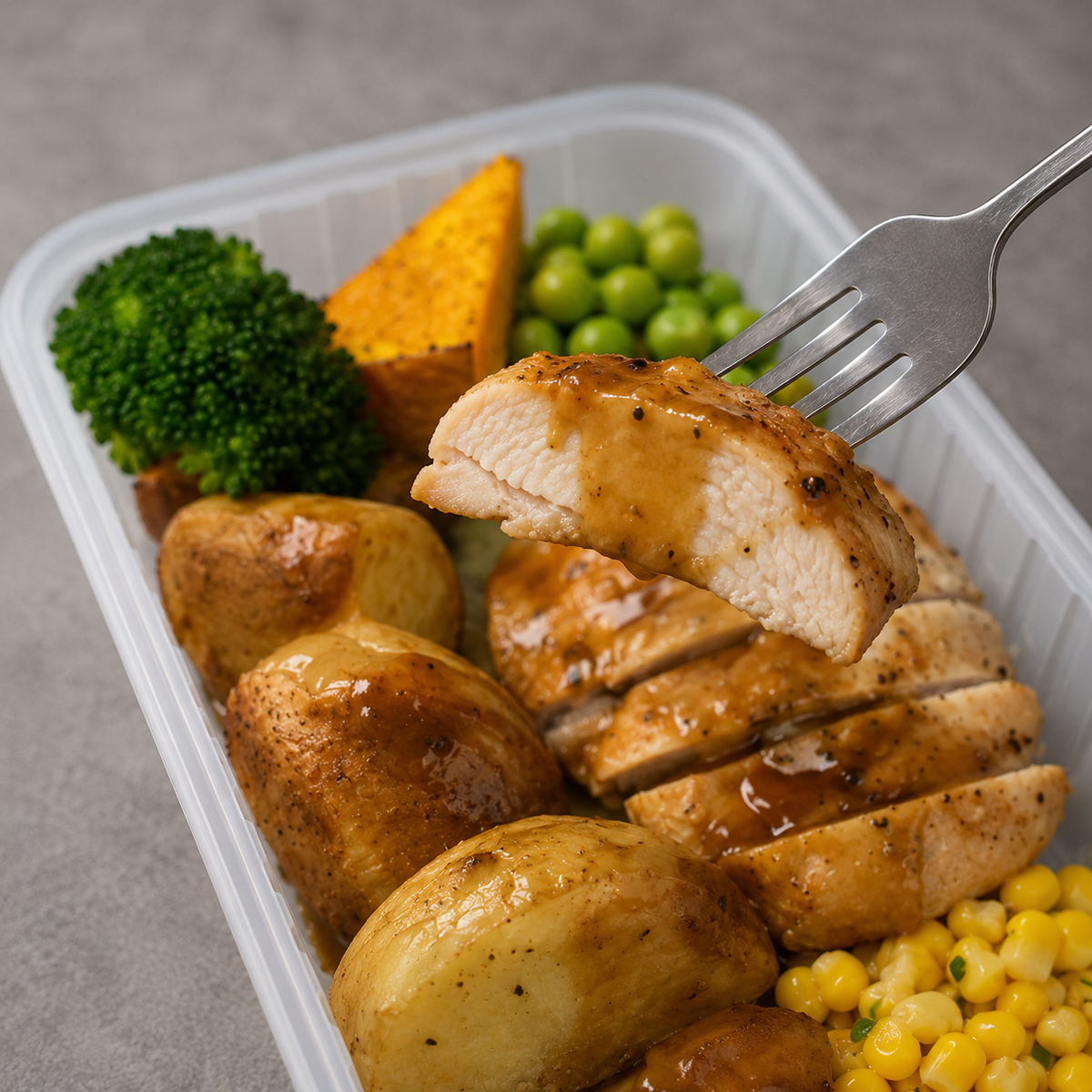 A close-up of a prepared meal in a clear plastic container, featuring sliced glazed chicken breast on a fork, roasted potatoes, broccoli, peas, and corn on a gray surface.