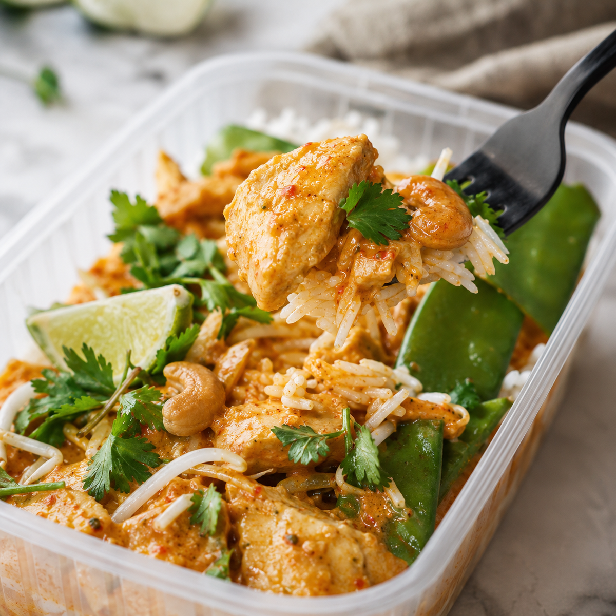 A prepared meal in a clear plastic container on a dark gray surface, featuring orange curry sauce over white rice with cashews, bean sprouts, green snap peas, cilantro, and a lime wedge.