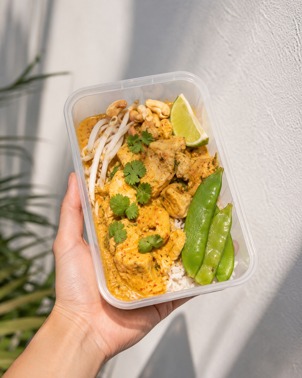 A hand holding a clear plastic container filled with a prepared meal, including a yellow curry or chicken dish, rice, bean sprouts, green snap peas, cilantro, and a lime wedge, set against a textured white wall with soft shadows.