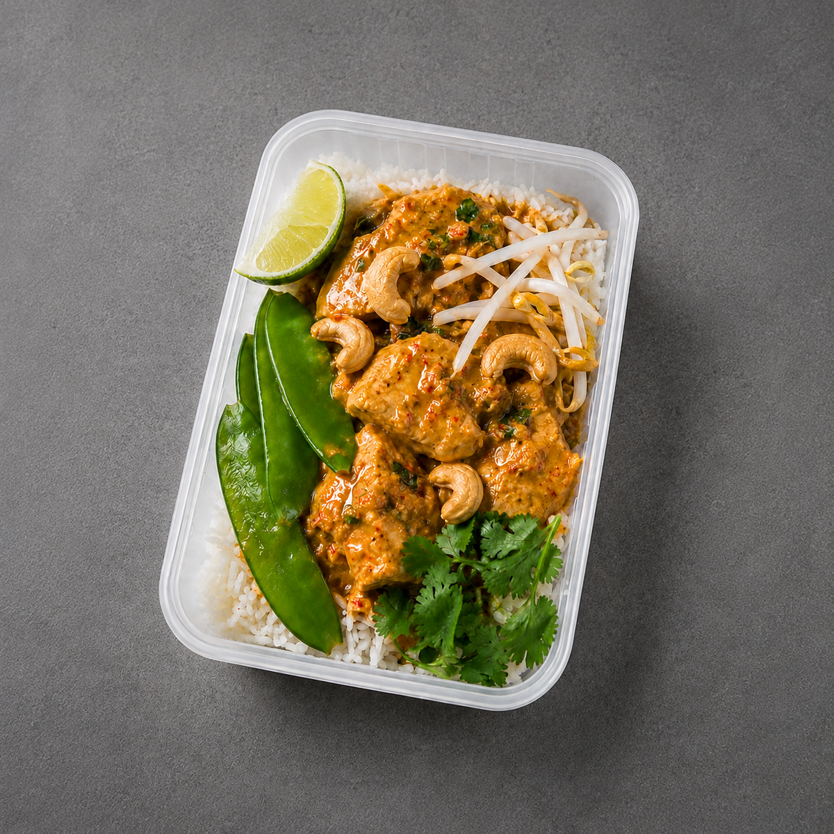 A prepared meal in a clear plastic container on a dark gray surface, featuring orange curry sauce over white rice with cashews, bean sprouts, green snap peas, cilantro, and a lime wedge.